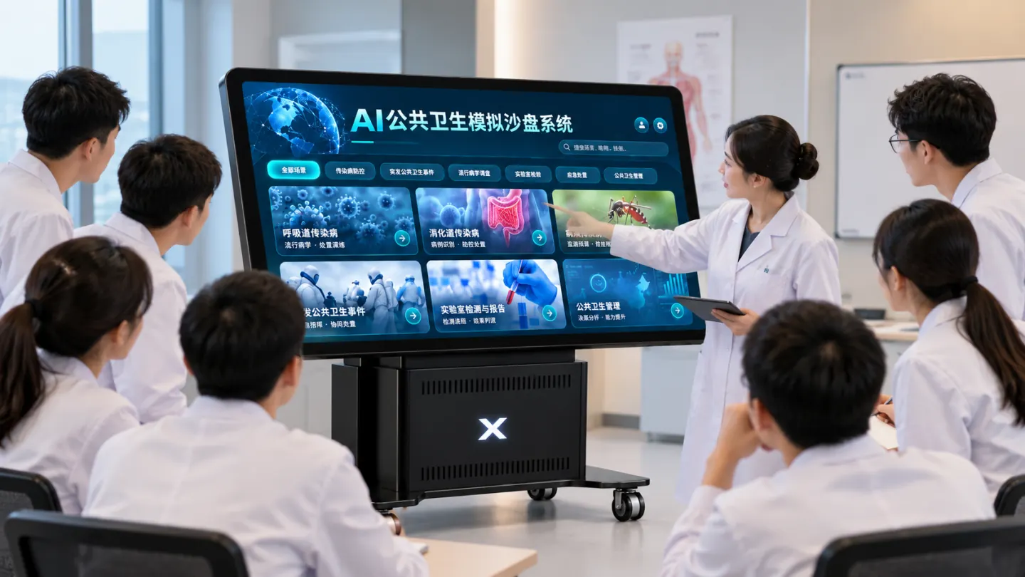 教师通过AI公共卫生模拟沙盘系统组织医学生讨论