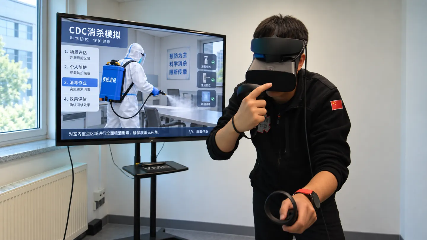 学员通过VR设备开展沉浸式消毒与感控培训