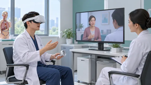 学员佩戴VR头显，在教师观察下练习虚拟诊室中的患者交流。